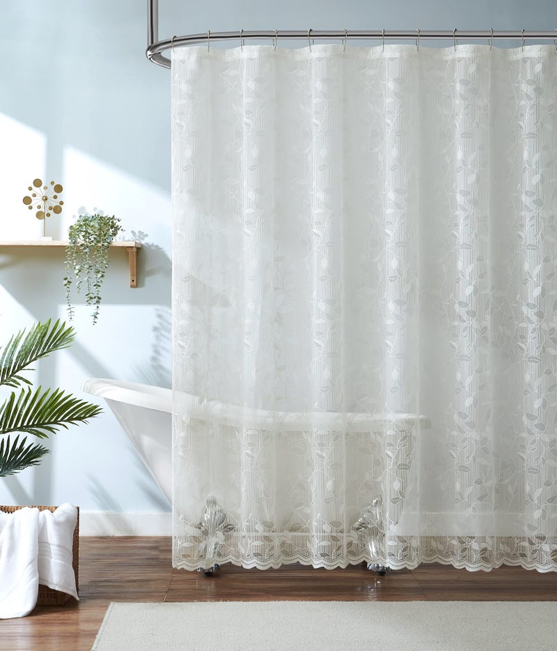 LINENZONE Lace Shower Curtains with Elegant Leaf Design. 72 x 72 Size. Can Be Used As Both Rustic Shower Curtain or Modern Shower Curtain. Bathroom Curtain with Scalloped Bottom. (Grace 72 x 72 Ivory) - Image 2